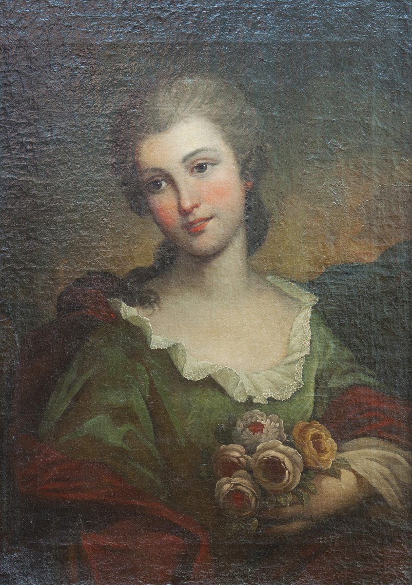 Suiveur de Jean-Marc nattier (1685-1768), Jeune femme tenant un bouquet de roses-photo-2