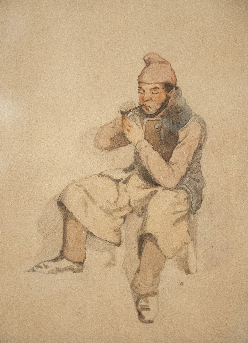 Ecole française, XIXe siècle, Pêcheurs, dessins à l'aquarelle et crayon (paire)-photo-2