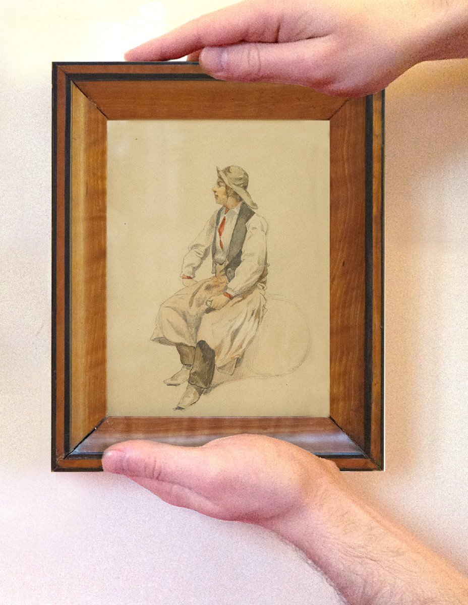 Ecole française, XIXe siècle, Pêcheurs, dessins à l'aquarelle et crayon (paire)-photo-2