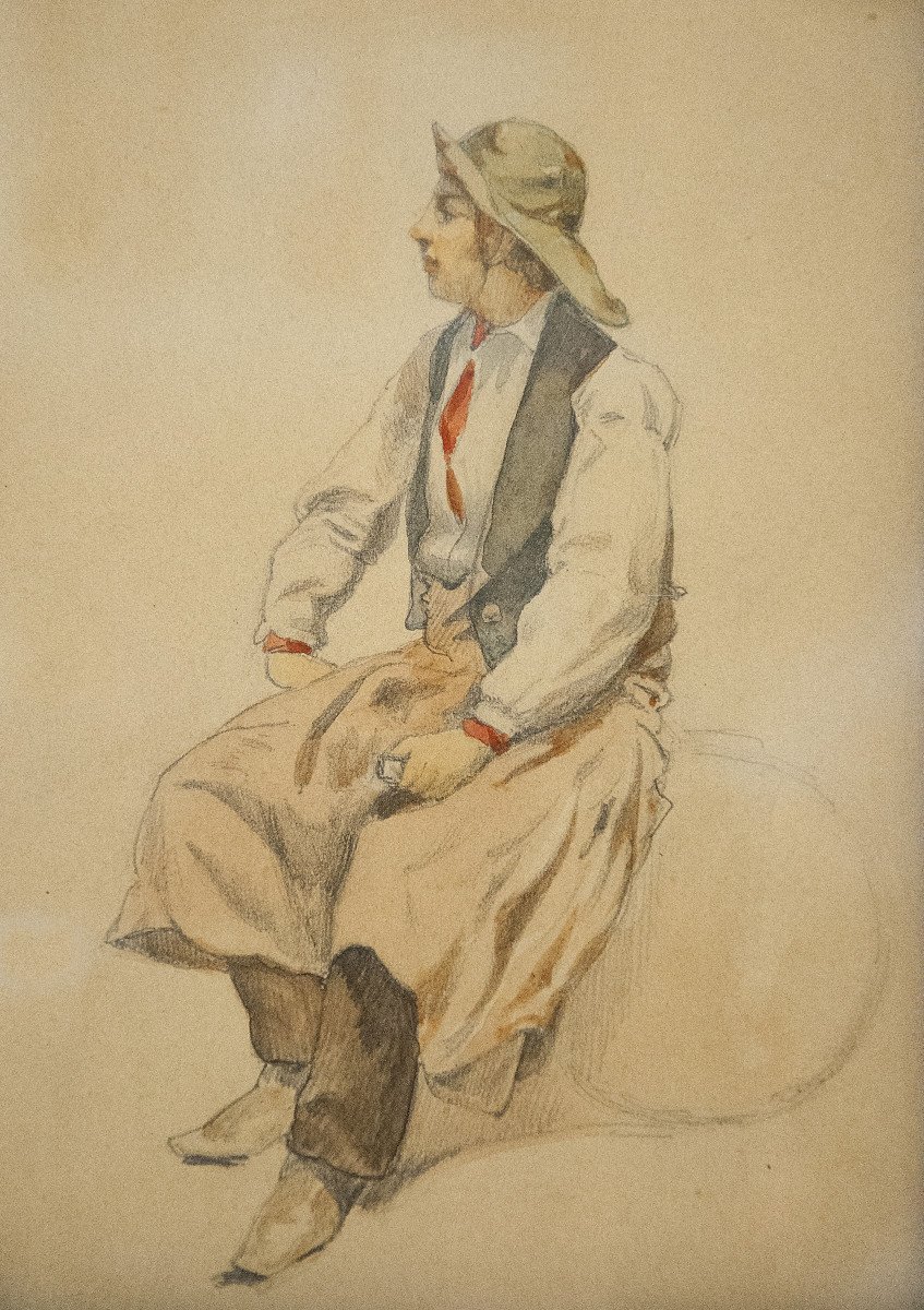 Ecole française, XIXe siècle, Pêcheurs, dessins à l'aquarelle et crayon (paire)