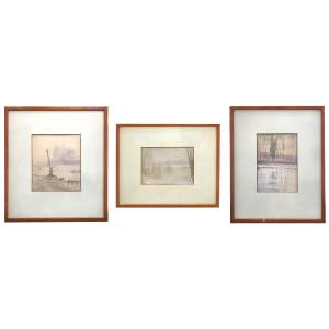 Pierre-Albert Leroux (1890-1959), Vue de Notre-Dame à Paris, deux Vues hivernales d'un étang