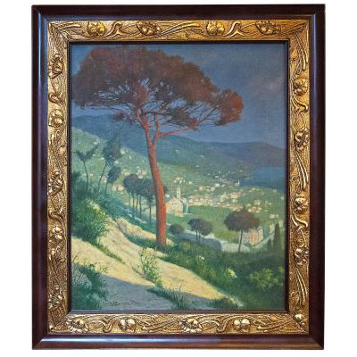 Vue côtière en Italie par O-G. Zenker, école allemande. Huile sur toile, datée 1906