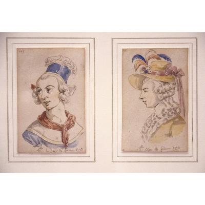 Augustin (1759-1832) Portraits d’actrices, datées 1793, dessin et aquarelle 