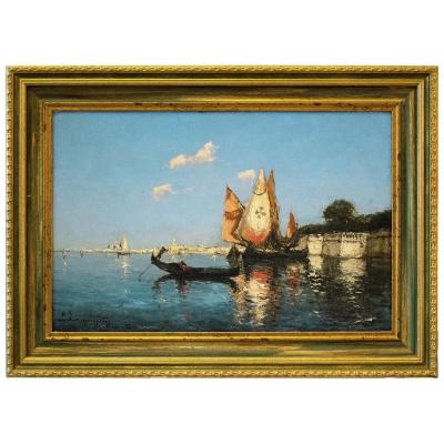 Duprat (1882-1974)Gondole et voiliers à Venise, Huile sur panneau, Début XXe Siècle