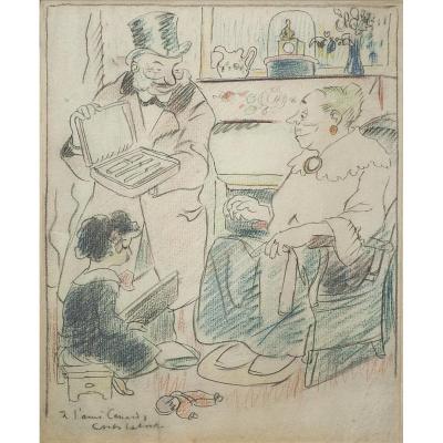 Chas Laborde (1886-1941), dessin original aux crayons de couleurs, signé et dédicacé