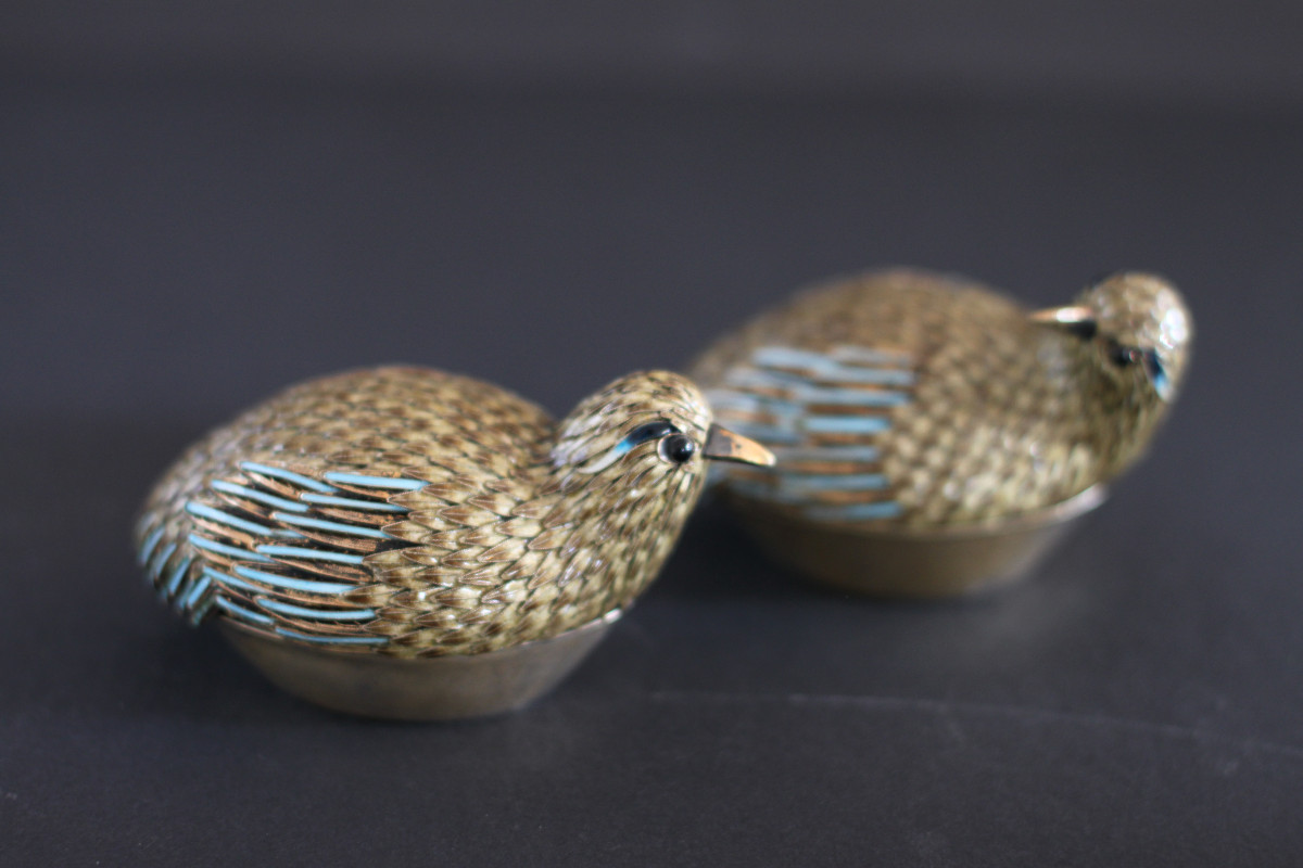 Pair Of Chinese Cloisonné Silver Quail Boxes, Circa 1920-photo-2