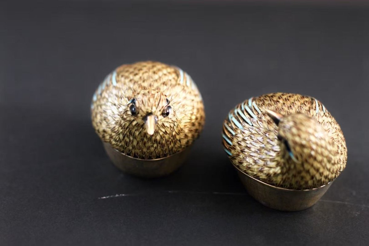 Pair Of Chinese Cloisonné Silver Quail Boxes, Circa 1920-photo-3