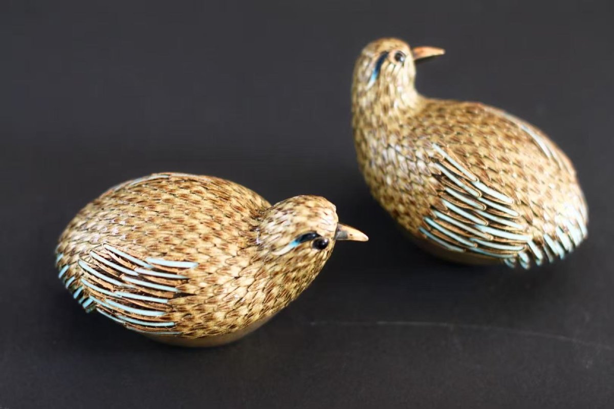 Pair Of Chinese Cloisonné Silver Quail Boxes, Circa 1920-photo-1