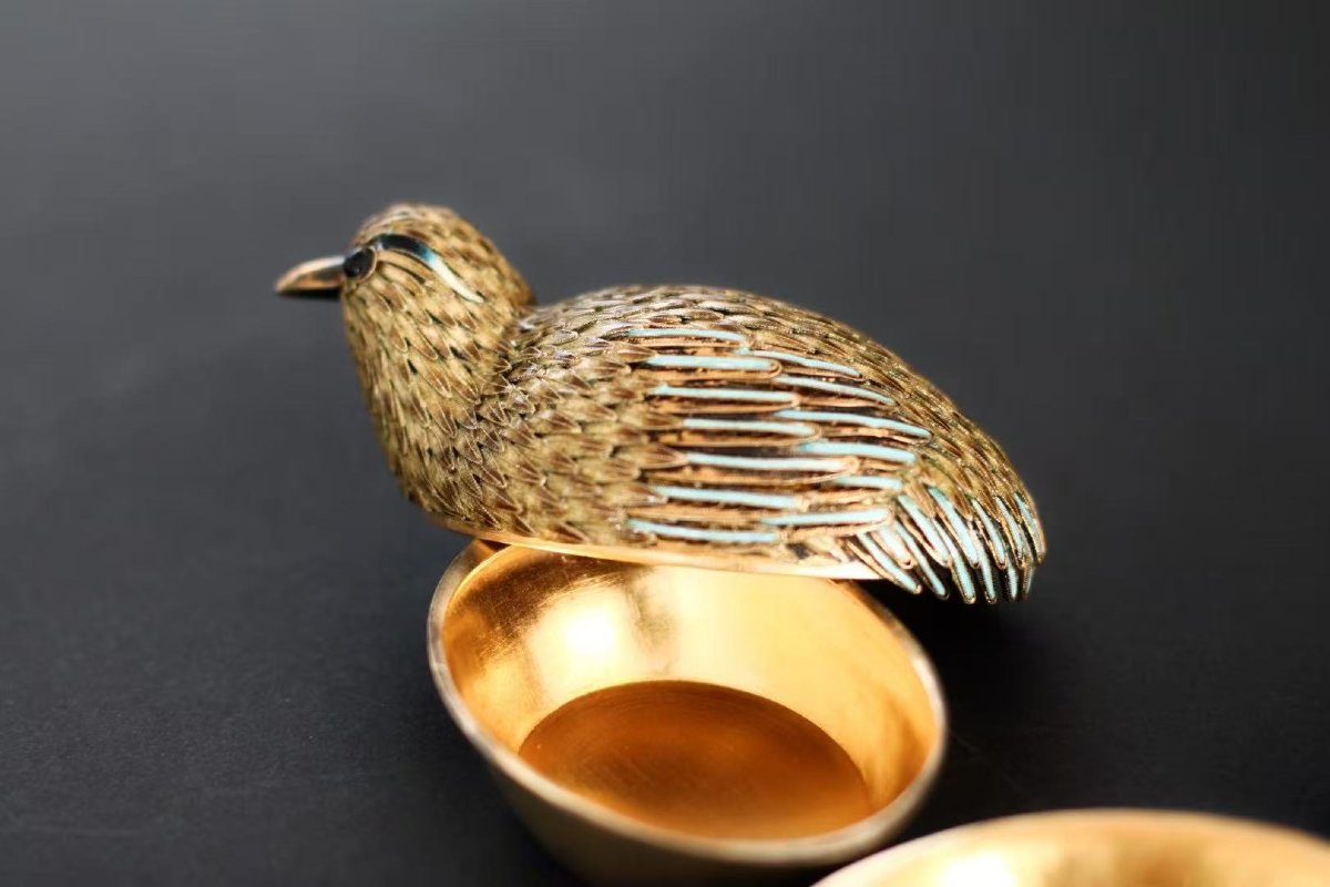 Pair Of Chinese Cloisonné Silver Quail Boxes, Circa 1920-photo-4