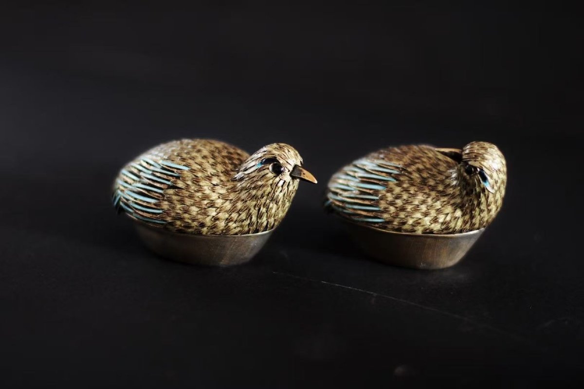 Pair Of Chinese Cloisonné Silver Quail Boxes, Circa 1920-photo-6