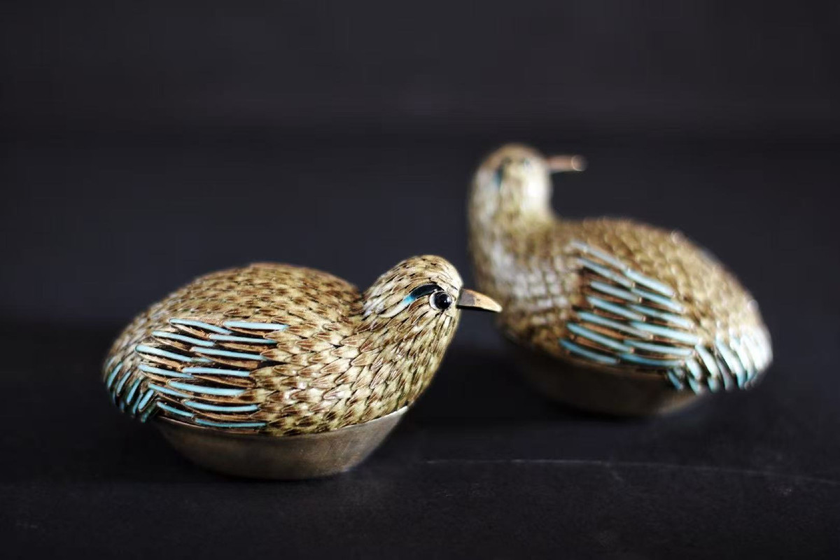 Pair Of Chinese Cloisonné Silver Quail Boxes, Circa 1920