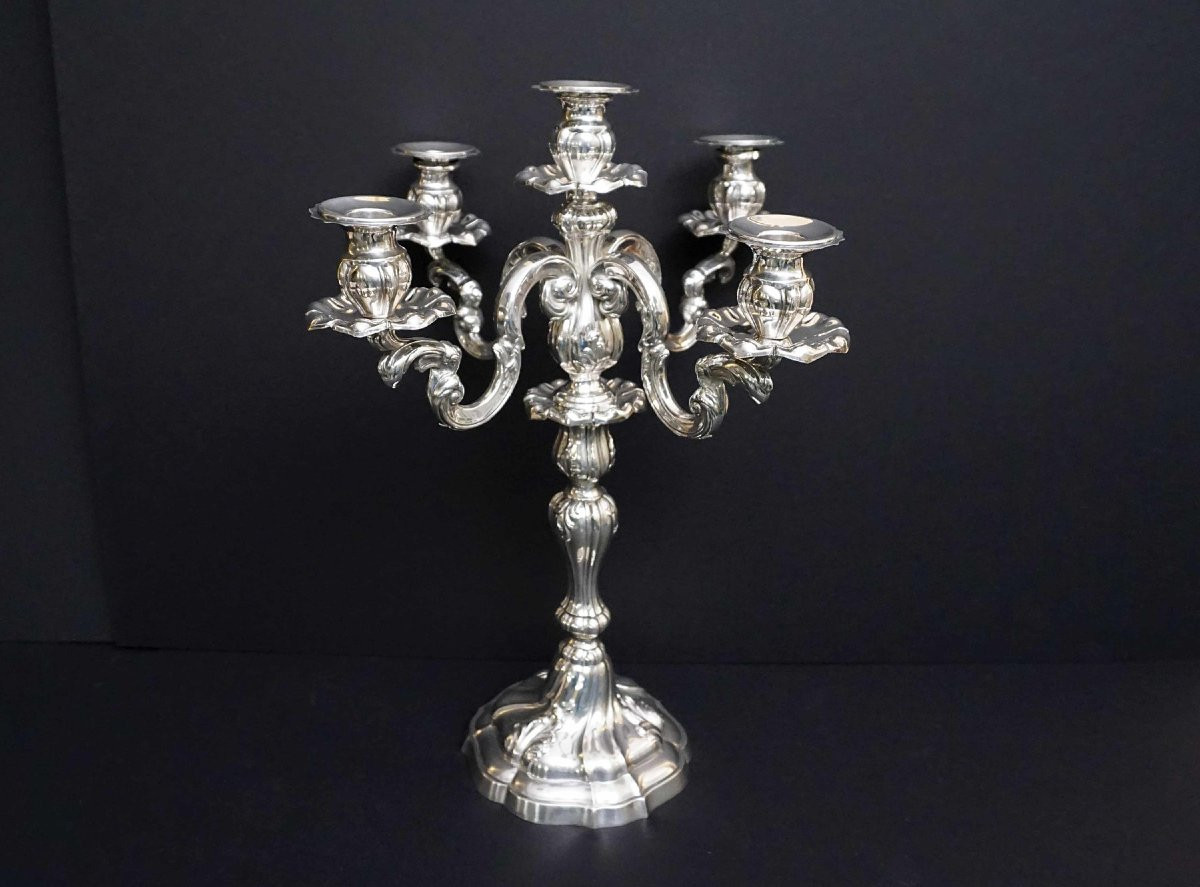 A Pair Of Early 20th Century Italian Rococo -style 800 Silver Five-light Candelabra-photo-1