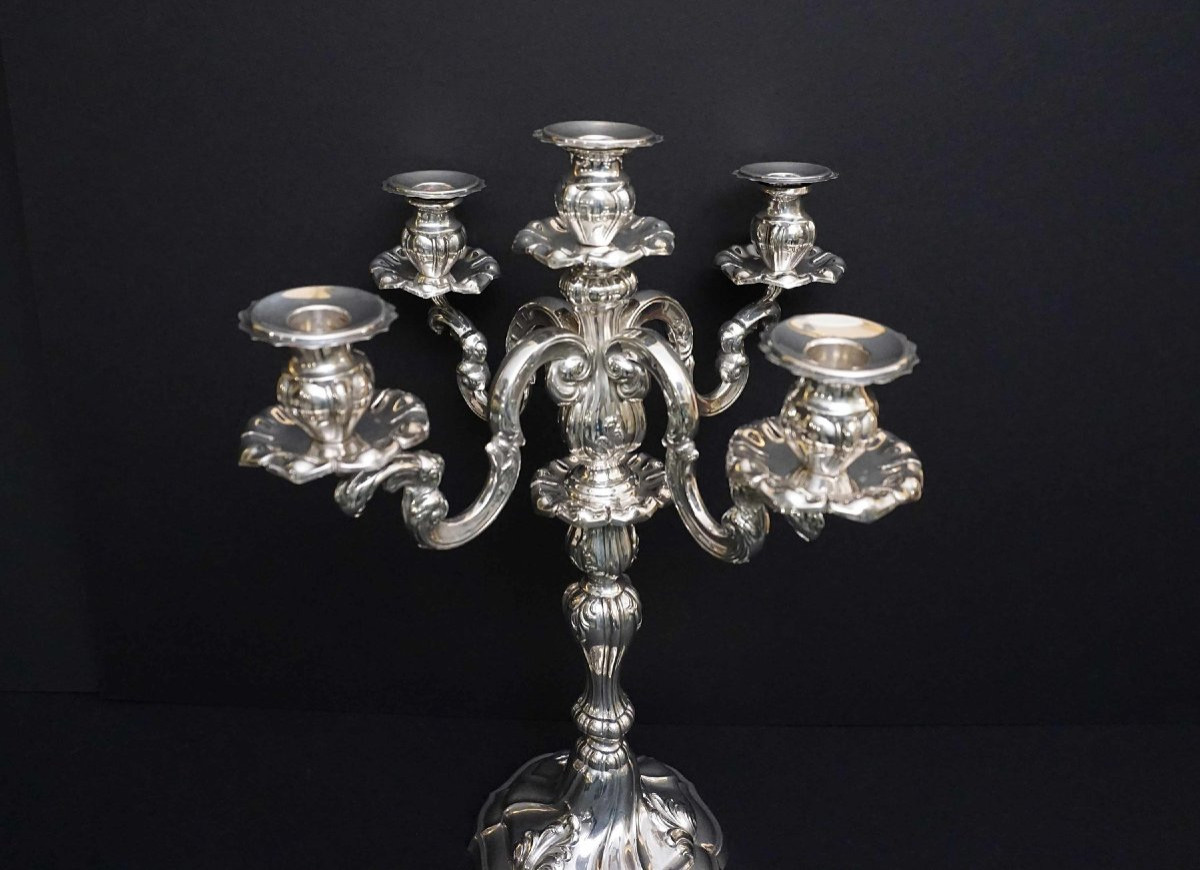 A Pair Of Early 20th Century Italian Rococo -style 800 Silver Five-light Candelabra-photo-2
