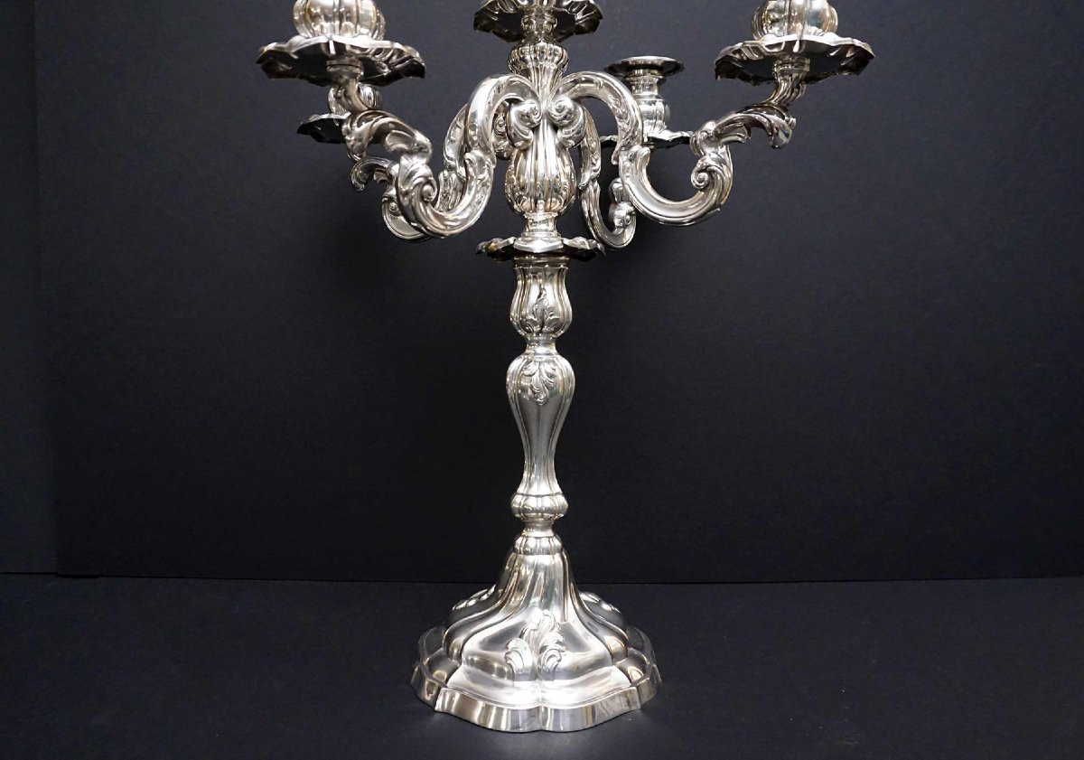A Pair Of Early 20th Century Italian Rococo -style 800 Silver Five-light Candelabra-photo-3