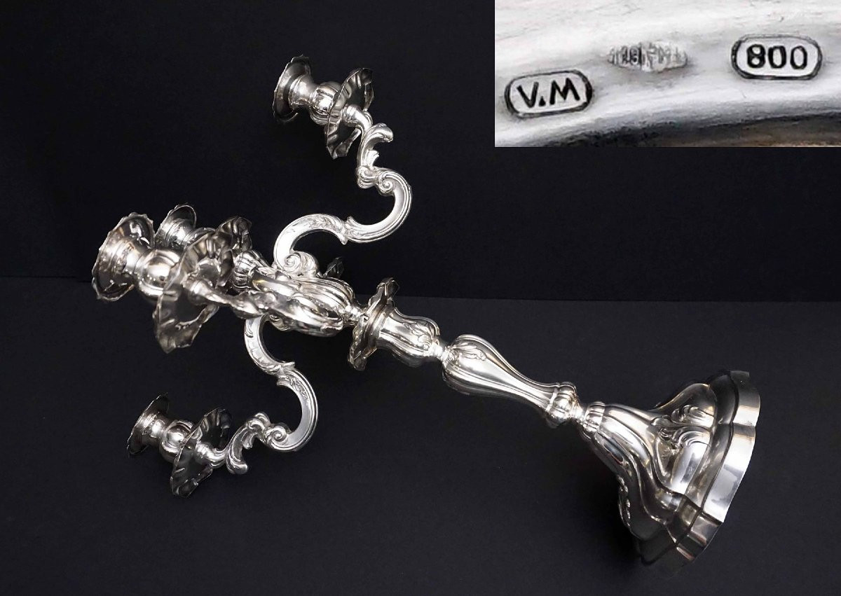 A Pair Of Early 20th Century Italian Rococo -style 800 Silver Five-light Candelabra-photo-4