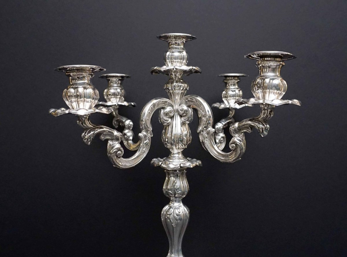 A Pair Of Early 20th Century Italian Rococo -style 800 Silver Five-light Candelabra-photo-5