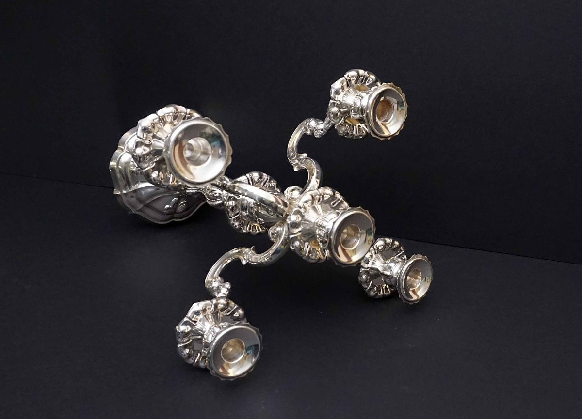 A Pair Of Early 20th Century Italian Rococo -style 800 Silver Five-light Candelabra-photo-8