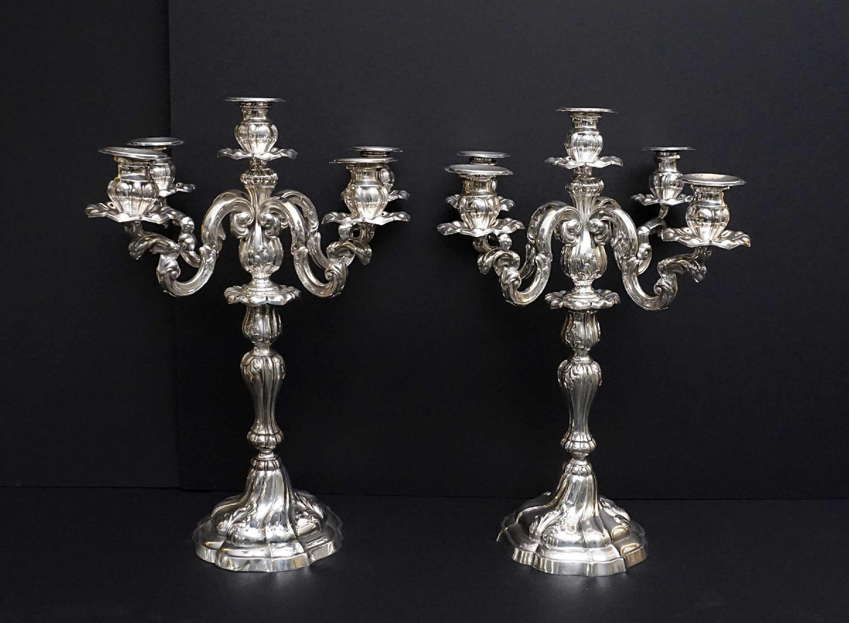 A Pair Of Early 20th Century Italian Rococo -style 800 Silver Five-light Candelabra
