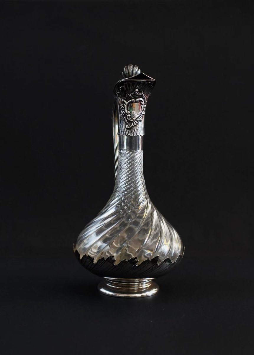 Paire d'aiguières/carafes de haute qualité en argent massif et cristal, datant de 1890-photo-2
