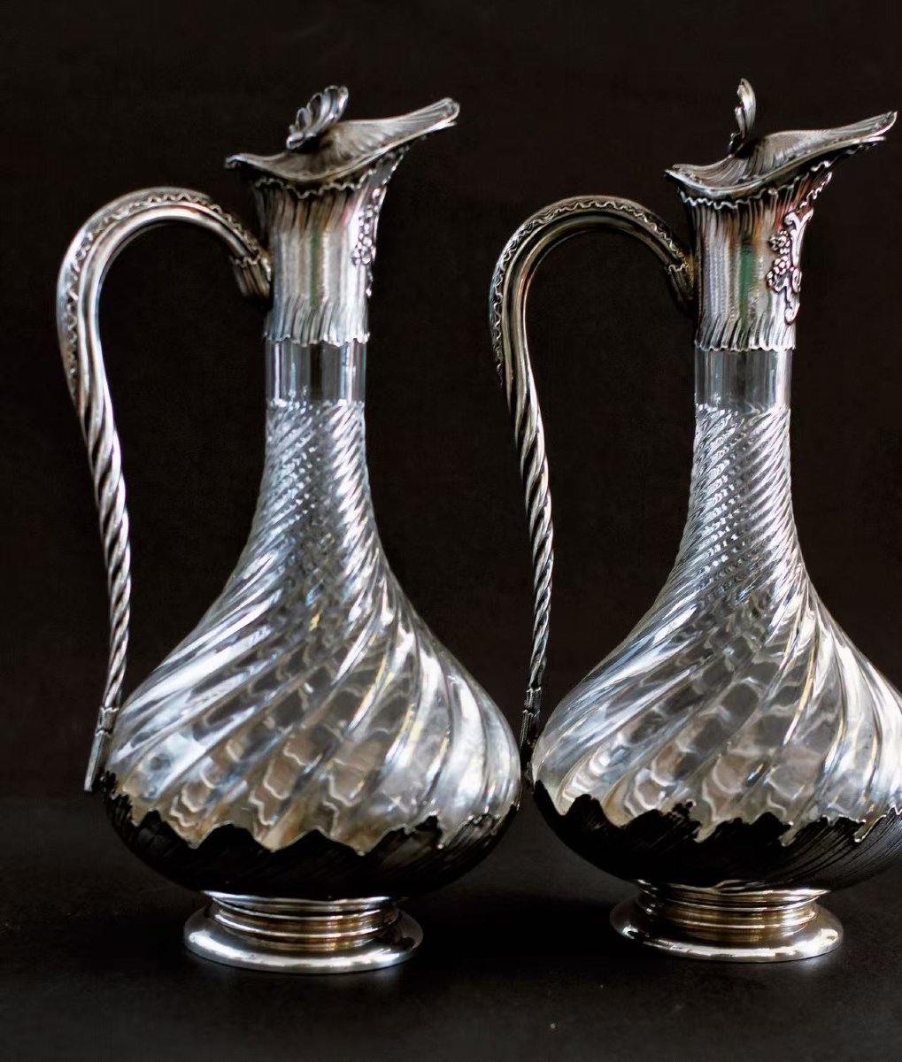 Paire d'aiguières/carafes de haute qualité en argent massif et cristal, datant de 1890-photo-4