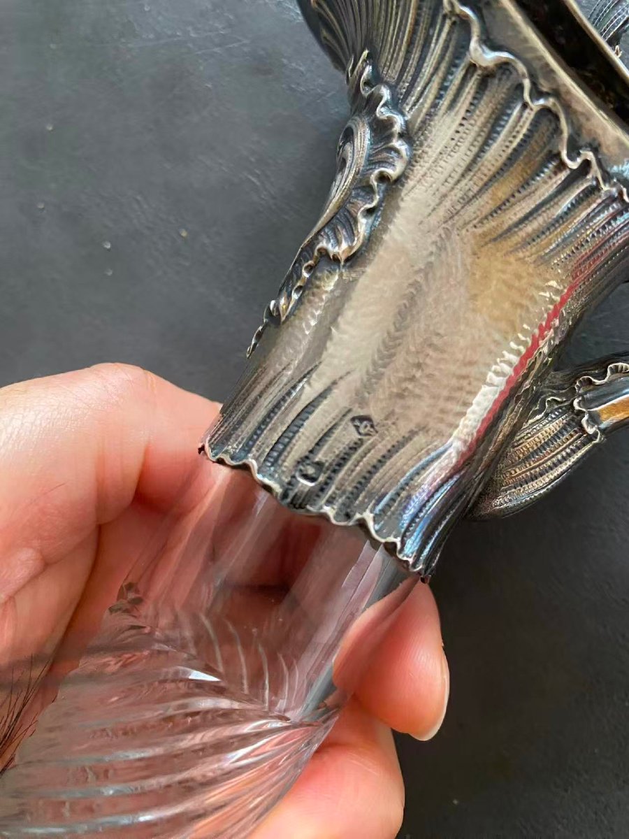 Paire d'aiguières/carafes de haute qualité en argent massif et cristal, datant de 1890-photo-6