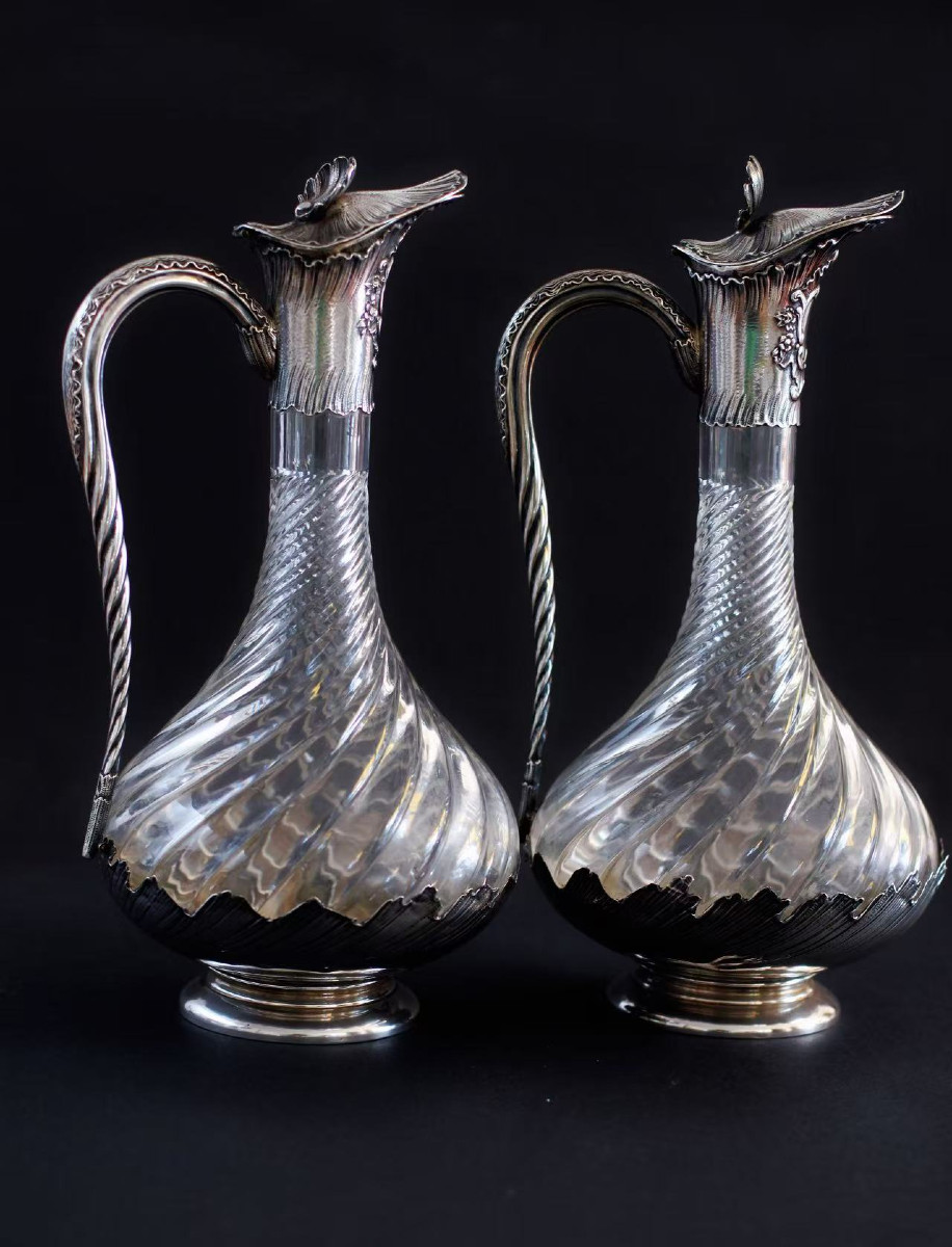 Paire d'aiguières/carafes de haute qualité en argent massif et cristal, datant de 1890