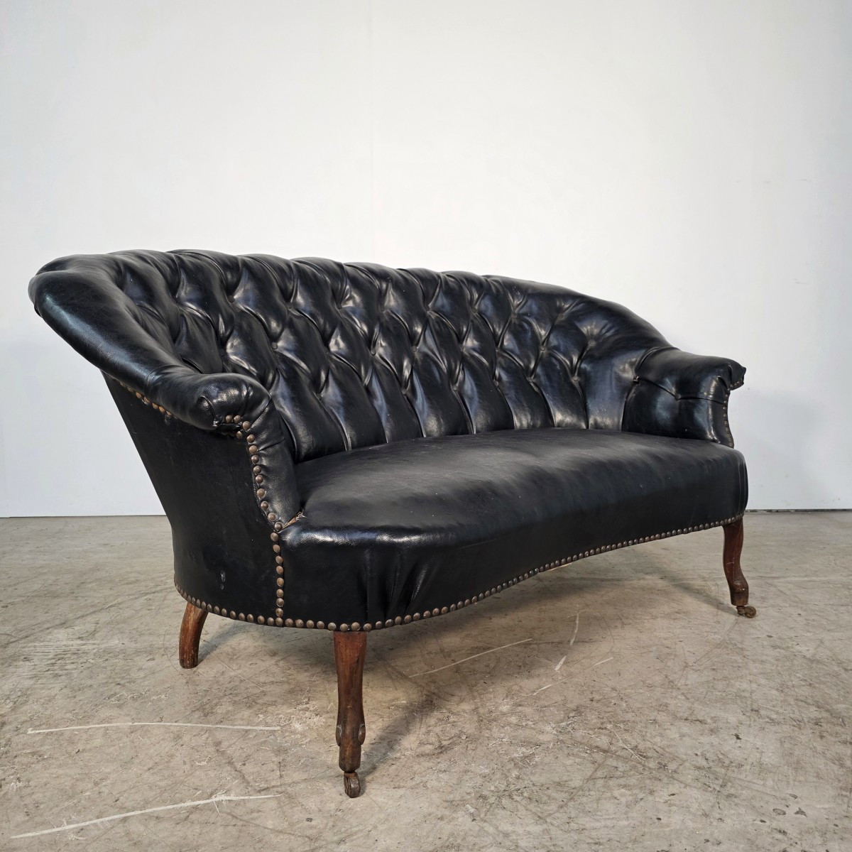 Curved Napoleon III Sofa In Black Moleskin