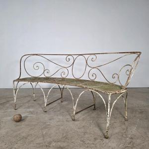 Curved Garden Bench From The Late 19th Century, Made Of Iron.