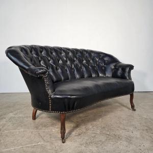 Curved Napoleon III Sofa In Black Moleskin