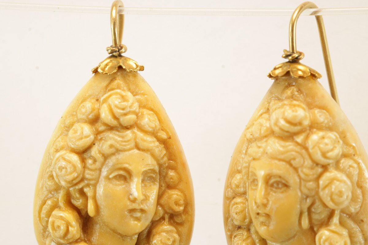 Boucles d'Oreilles Anciennes Or Camee De Lave-photo-4