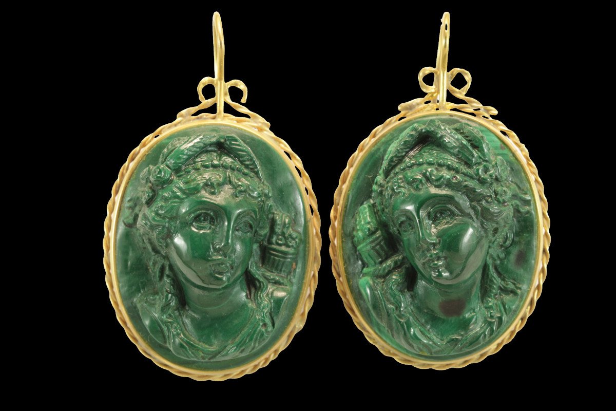 Boucles d'Oreilles Anciennes Or Malachite Sculptee-photo-2
