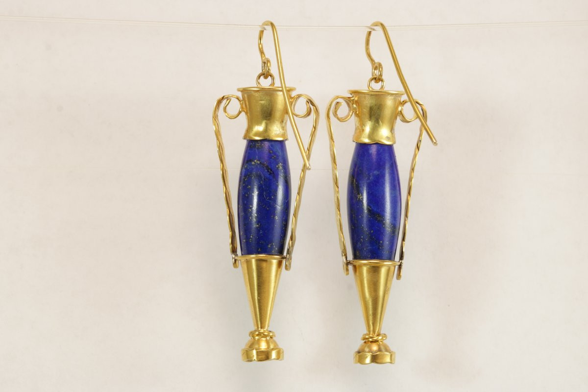 Castellani boucles d'oreilles anciennes or lapislazuli-photo-3