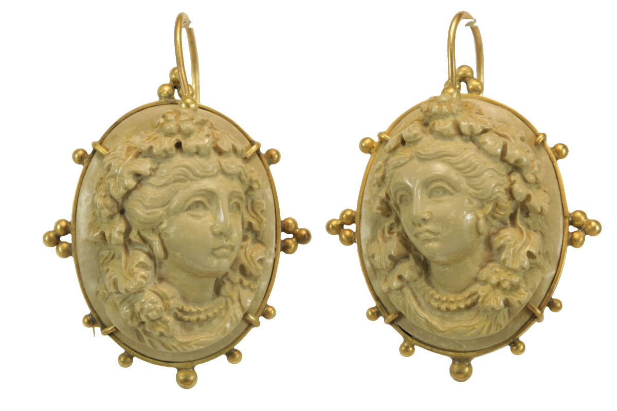 Antique Lava Cameos Gold Earrings