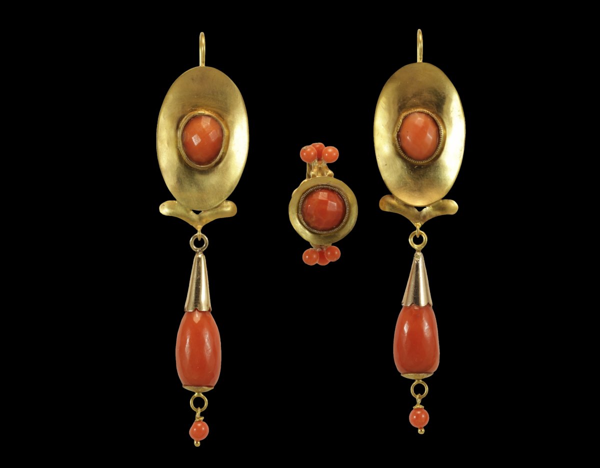 Antique Coral Gold Earrings Ring-photo-2