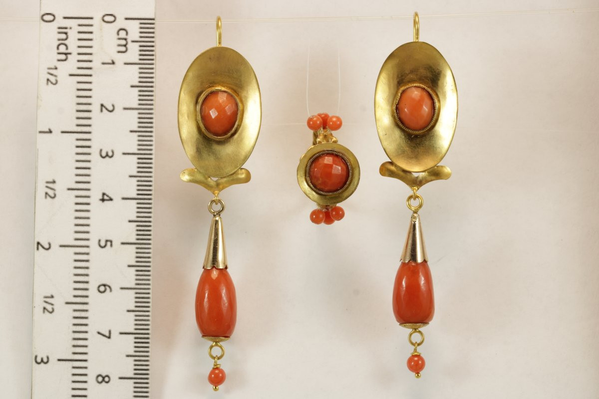 Antique Coral Gold Earrings Ring-photo-4