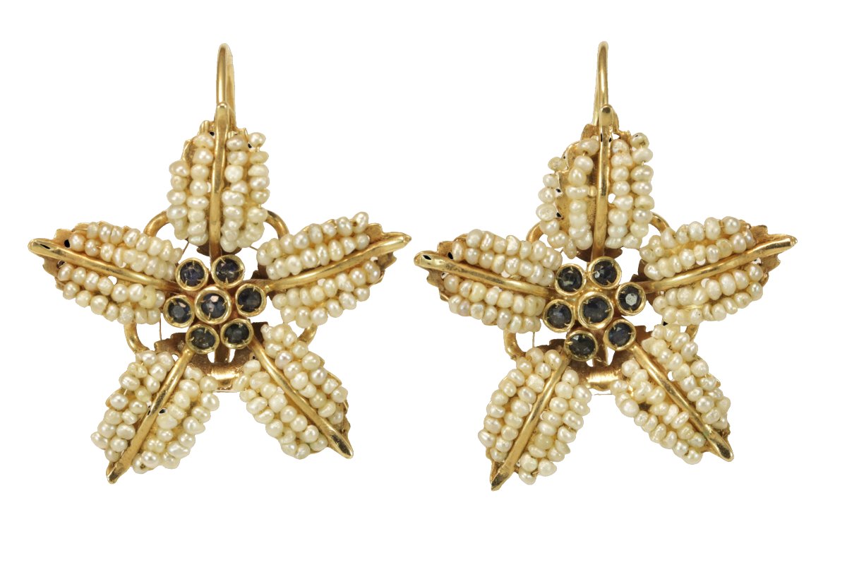 Antique Pearls Sapphires Gold Earrings-photo-2