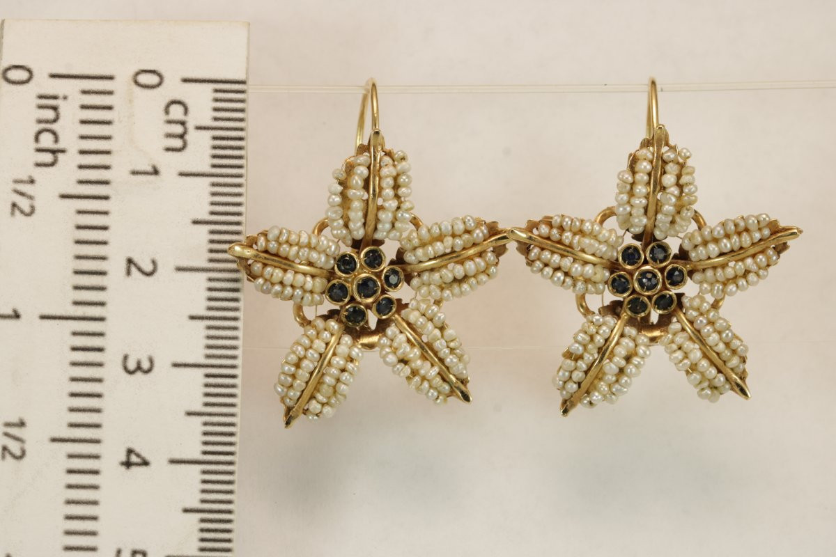 Antique Pearls Sapphires Gold Earrings-photo-4