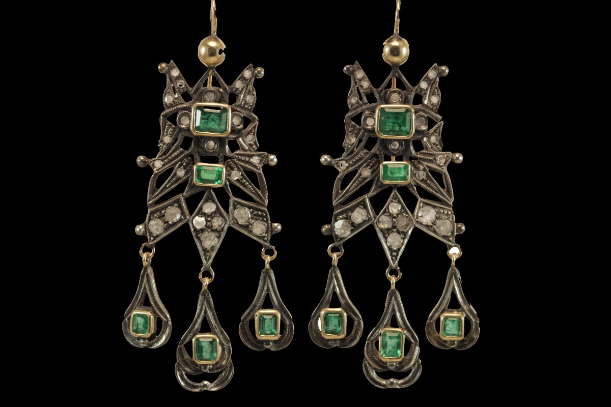 Boucles d'oreilles anciennes catalanes or emeraudes diamants-photo-2