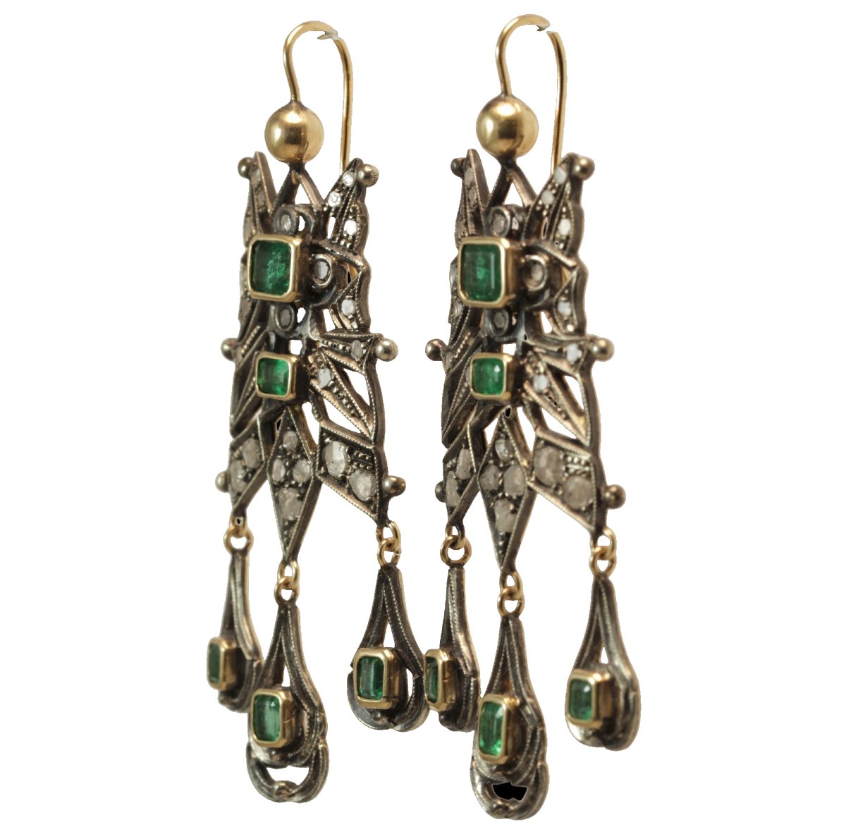 Boucles d'oreilles anciennes catalanes or emeraudes diamants-photo-3