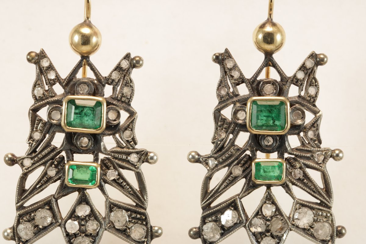 Boucles d'oreilles anciennes catalanes or emeraudes diamants-photo-4