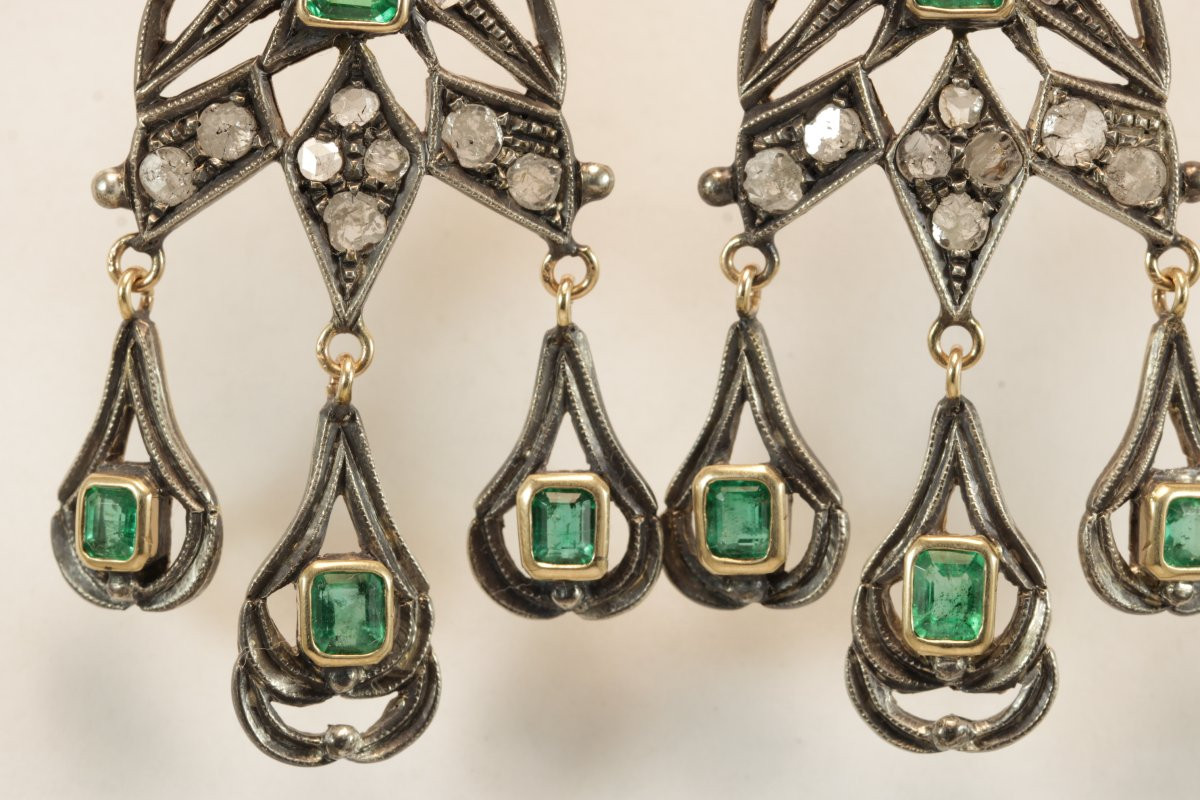 Boucles d'oreilles anciennes catalanes or emeraudes diamants-photo-1