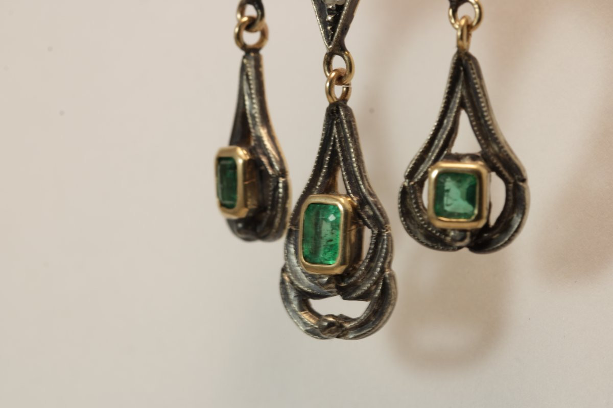 Boucles d'oreilles anciennes catalanes or emeraudes diamants-photo-2