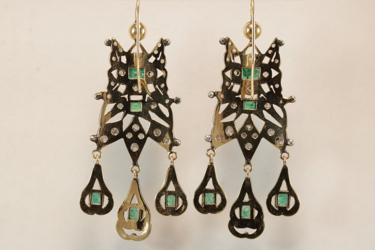 Boucles d'oreilles anciennes catalanes or emeraudes diamants-photo-3
