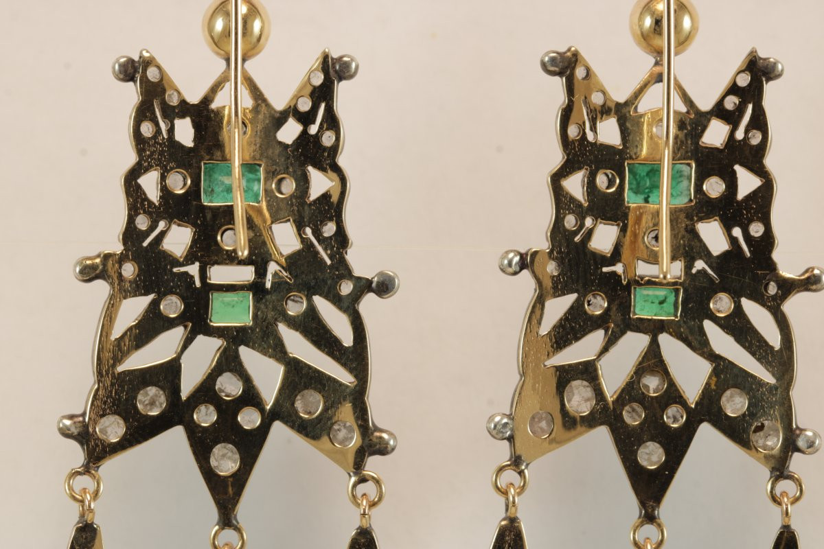 Boucles d'oreilles anciennes catalanes or emeraudes diamants-photo-4