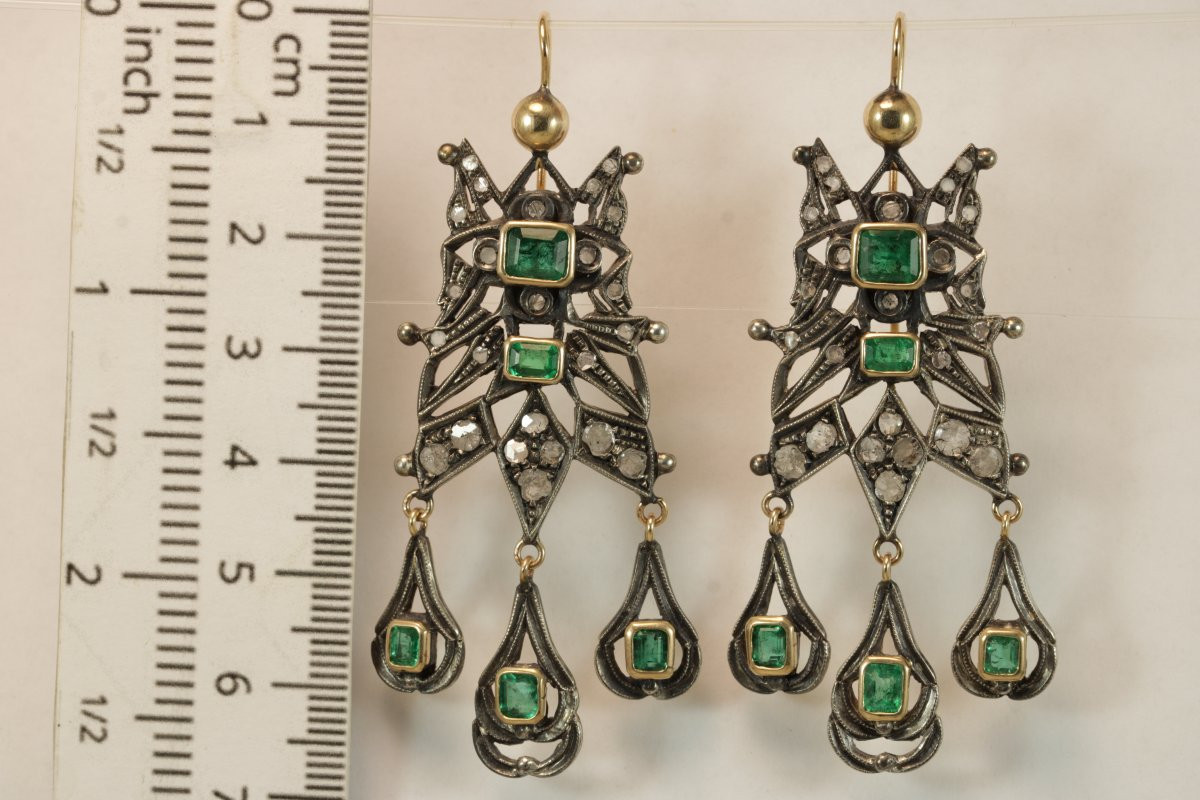Boucles d'oreilles anciennes catalanes or emeraudes diamants-photo-5