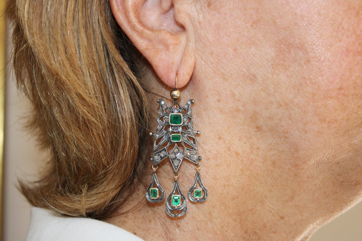 Boucles d'oreilles anciennes catalanes or emeraudes diamants-photo-7