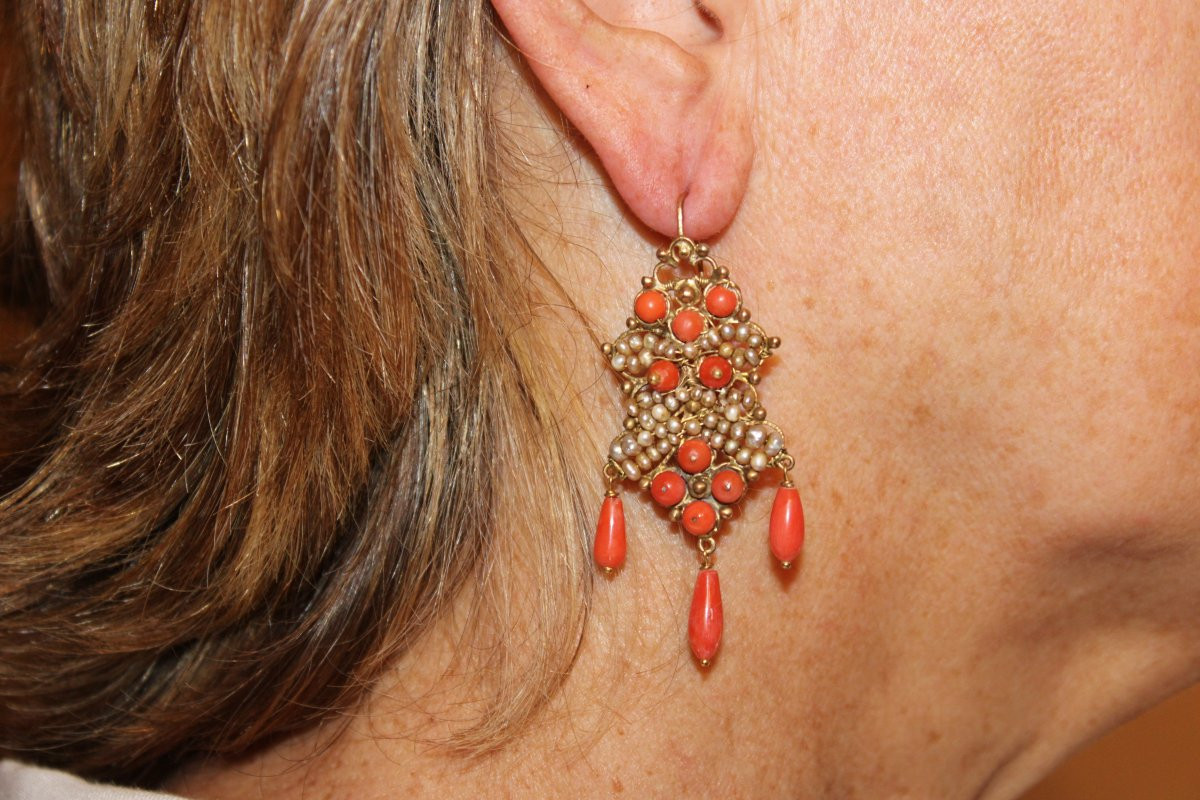 Boucles d'oreilles anciennes or filigranee corails perles fines-photo-5