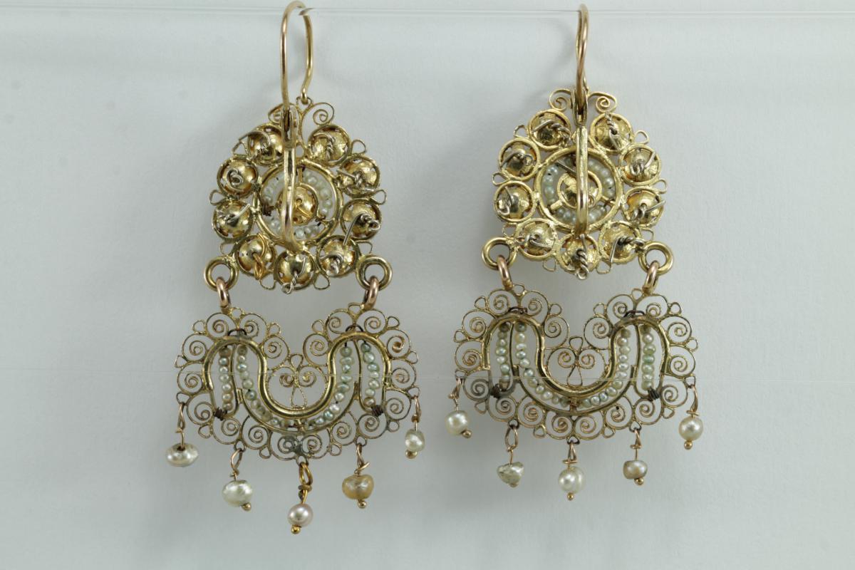 Boucles d'Oreilles Anciennes Or Filigrane Perles Fines-photo-2