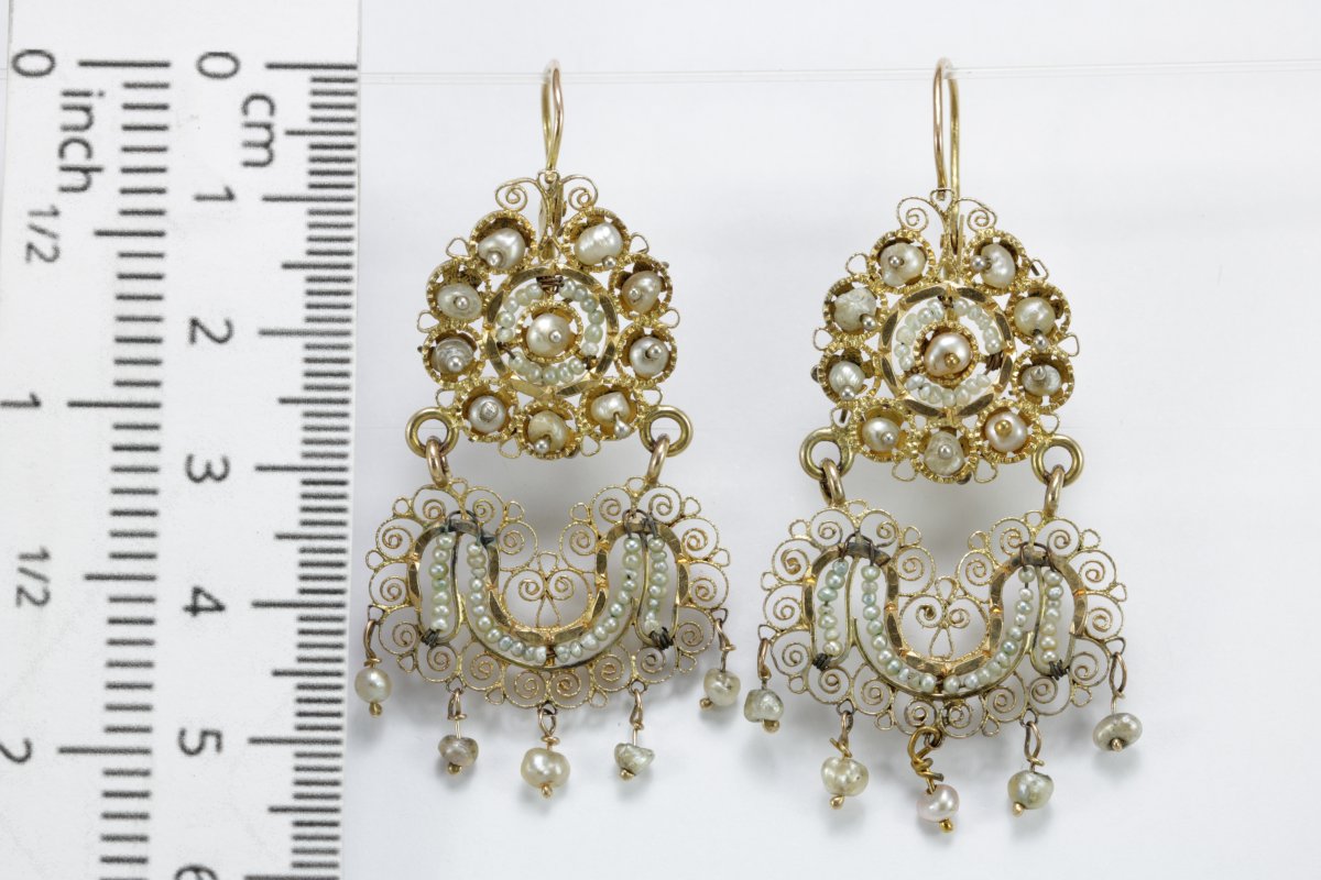 Boucles d'Oreilles Anciennes Or Filigrane Perles Fines-photo-3