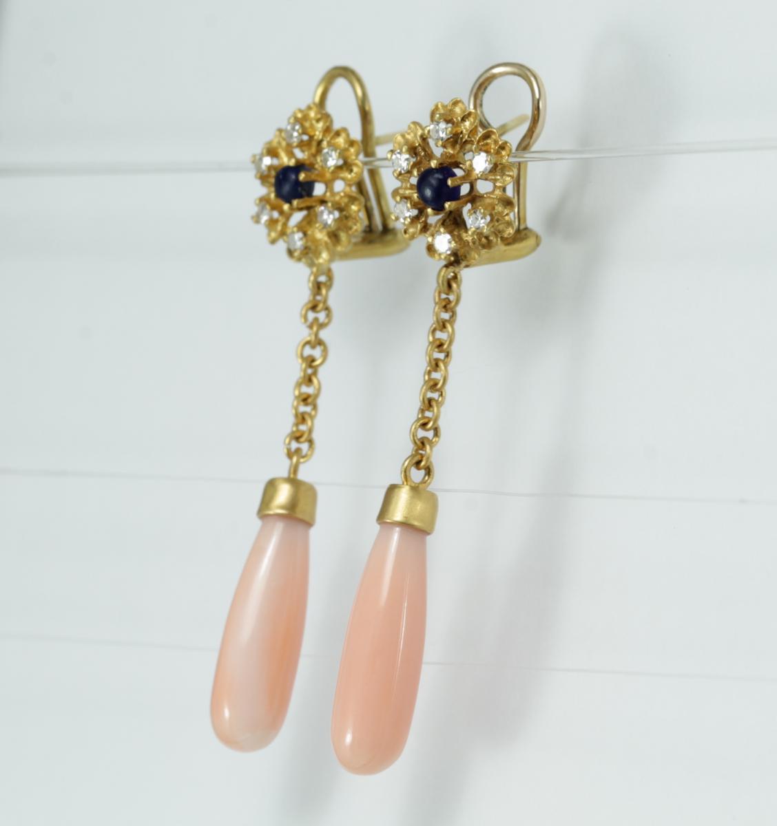 Vintage Coral Diamonds Sapphire Gold Earrings-photo-3
